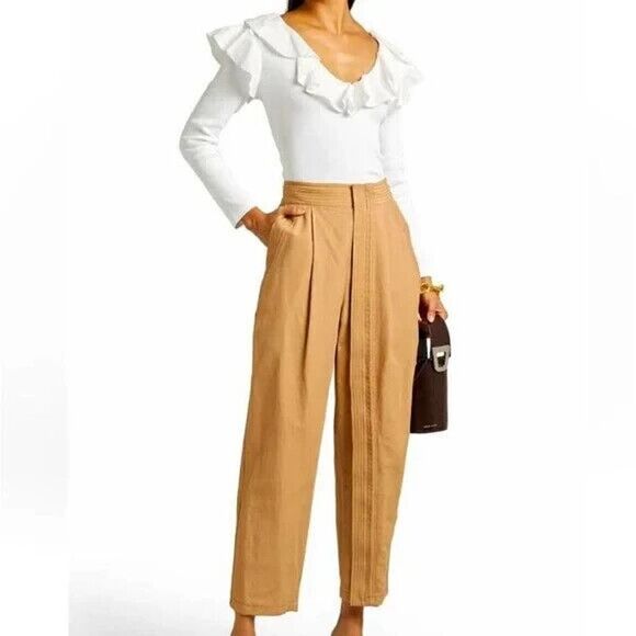 🤍 VERONICA BEARD Jeans Gidea White Ribbed Rib Knit Ruffle Cotton Poplin Top L - Picture 1 of 6